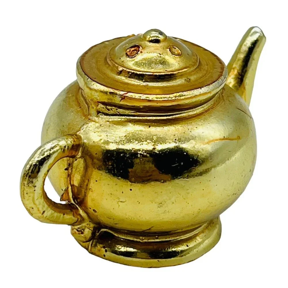 Vintage Tea Pot‎ Belly Stove Salt Pepper Shakers Gold Tone Metal
